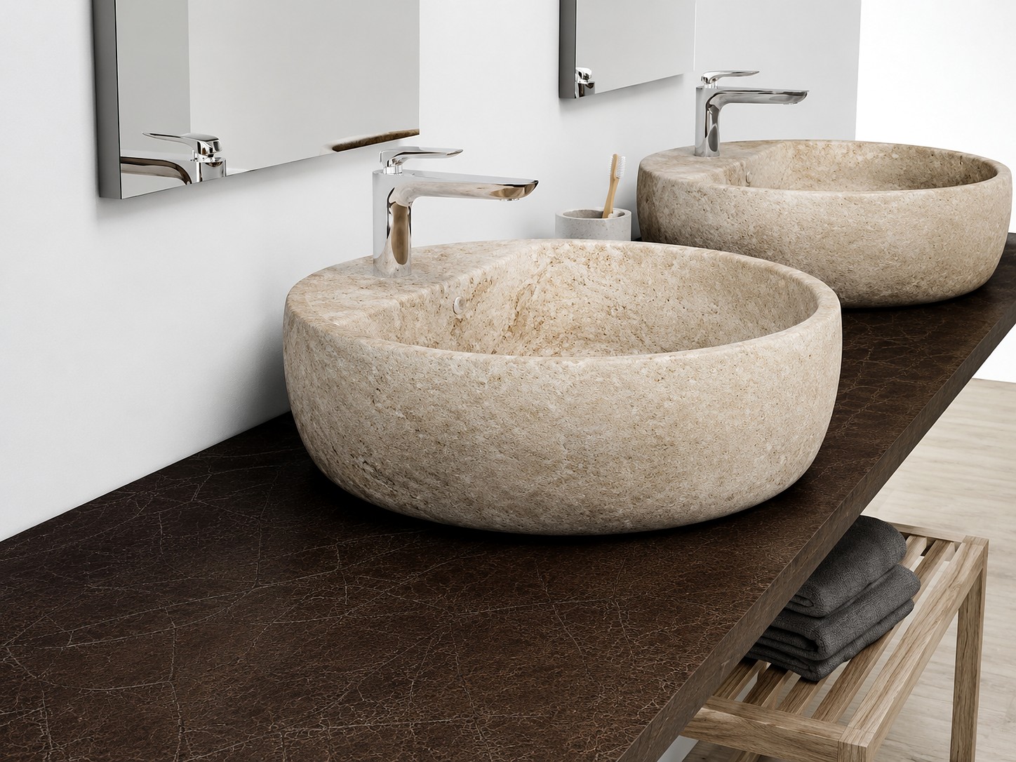 Lavabo de piedra natural sobre encimera de baño